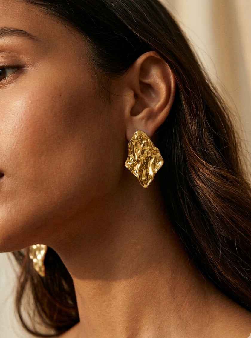 Close-up of a person wearing irregular gold earrings with a neutral background