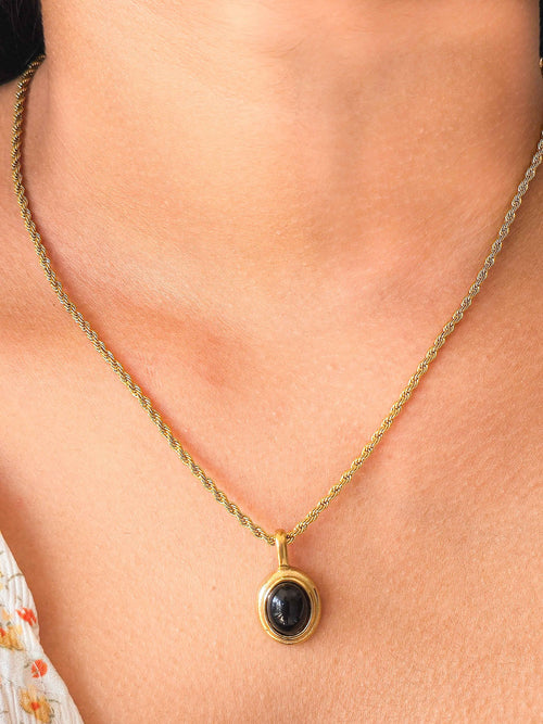 Black Stone Pendant Necklace Stainless Steel