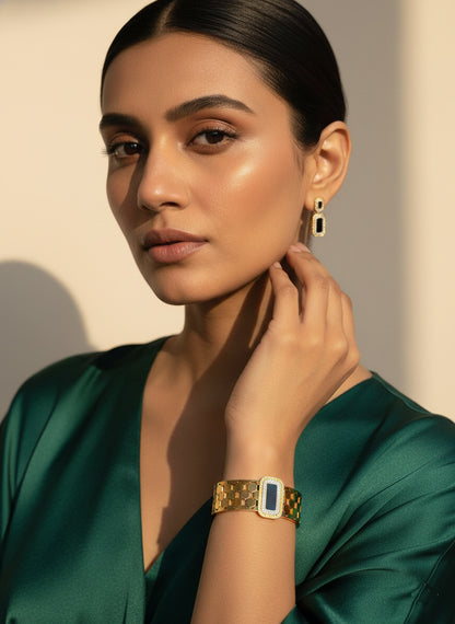 model wearing 18k gold stainless steel signature black bracelet 