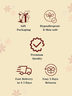 Set of icons and text on a beige background with floral patterns, indicating features like gift packaging, hypoallergenic & skin safe, premium quality, fast delivery, and easy returns.