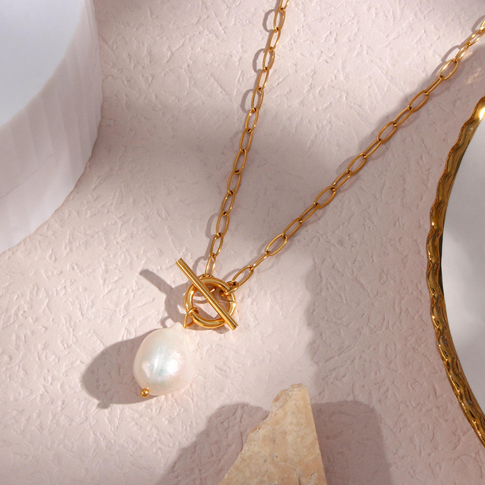 Close-up of Necklace – twin pendant pearl collar design with high-polish finish by Rayona