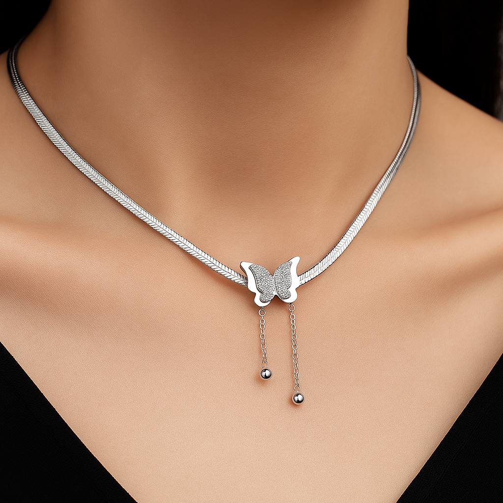 Model wearing Twin Wings Butterfly Silver Necklace – elegant minimal jewellery for women by Rayona India
